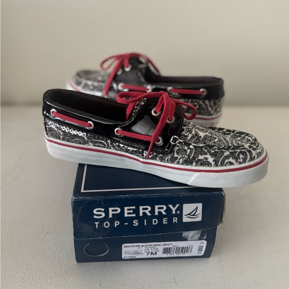 Sperry Black and White Patterned Boat Shoes with Red Accents - Picture 1 of 2